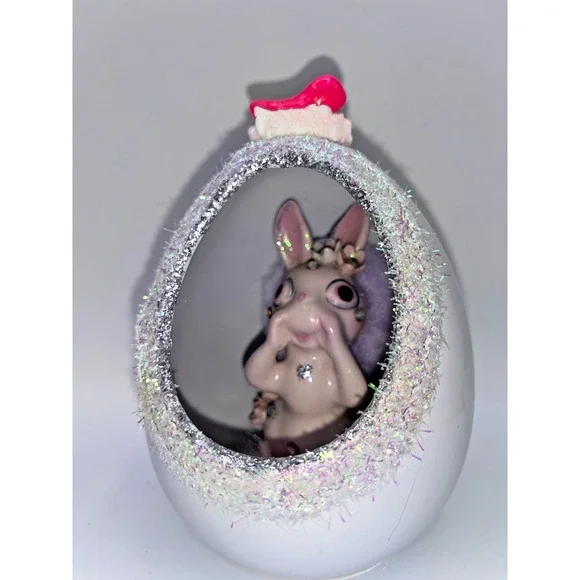 Vintage Ceramic Diorama Egg Pink Rhinestone Bunny Deb O. Original Designs OOAK - Picture 4 of 16